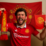 Penggemar Manchester United dengan merchandise dan dukungan penuh, berkaitan dengan bonus new member 50.
