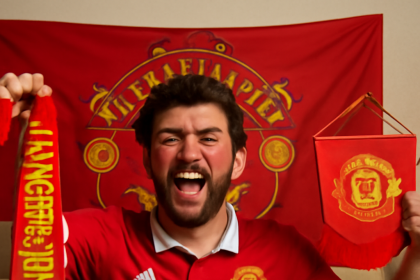 Penggemar Manchester United dengan merchandise dan dukungan penuh, berkaitan dengan bonus new member 50.