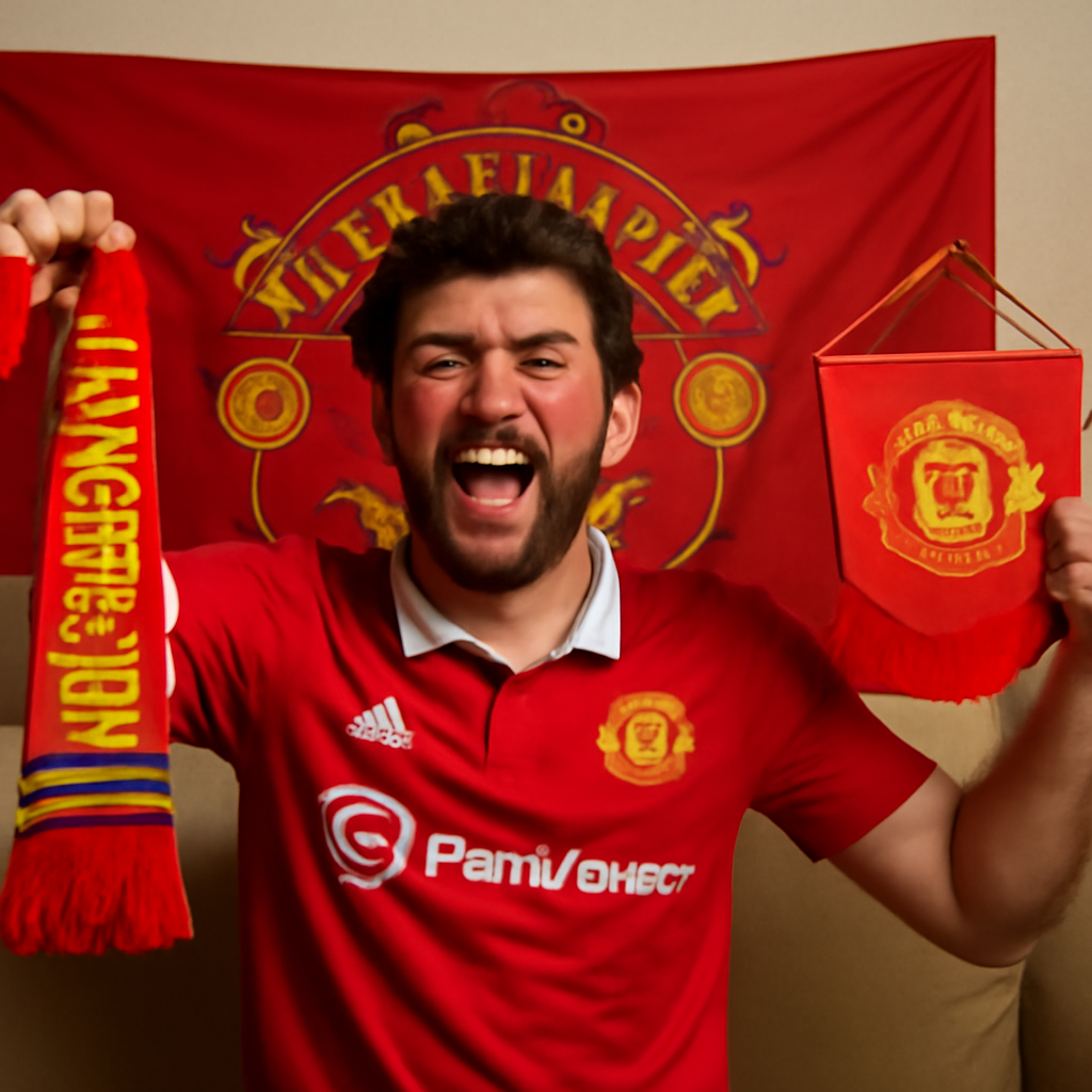 Penggemar Manchester United dengan merchandise dan dukungan penuh, berkaitan dengan bonus new member 50.